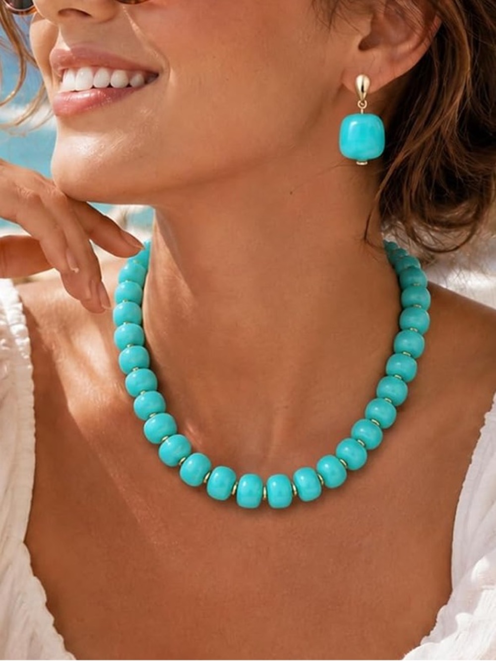 Turquoise Bead Necklace and Earrings Set - Gold Accents